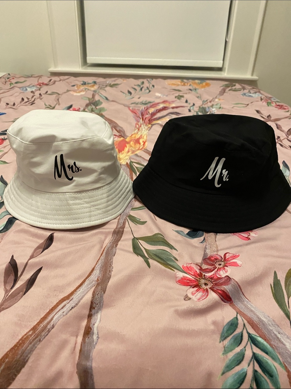 Mr. and Mrs. Embroidered Cotton Bucket Hats - Engagement / Wedding Gift